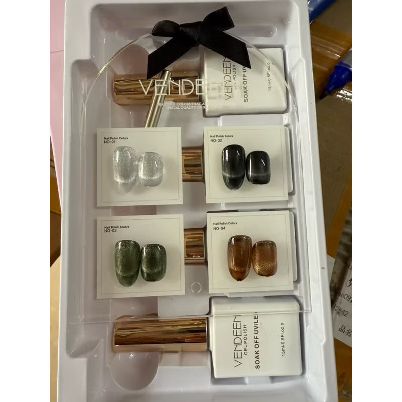 Cat Eye gel polish set: Silver, Black, Blue, Brown, 4 luster vendeeni colors