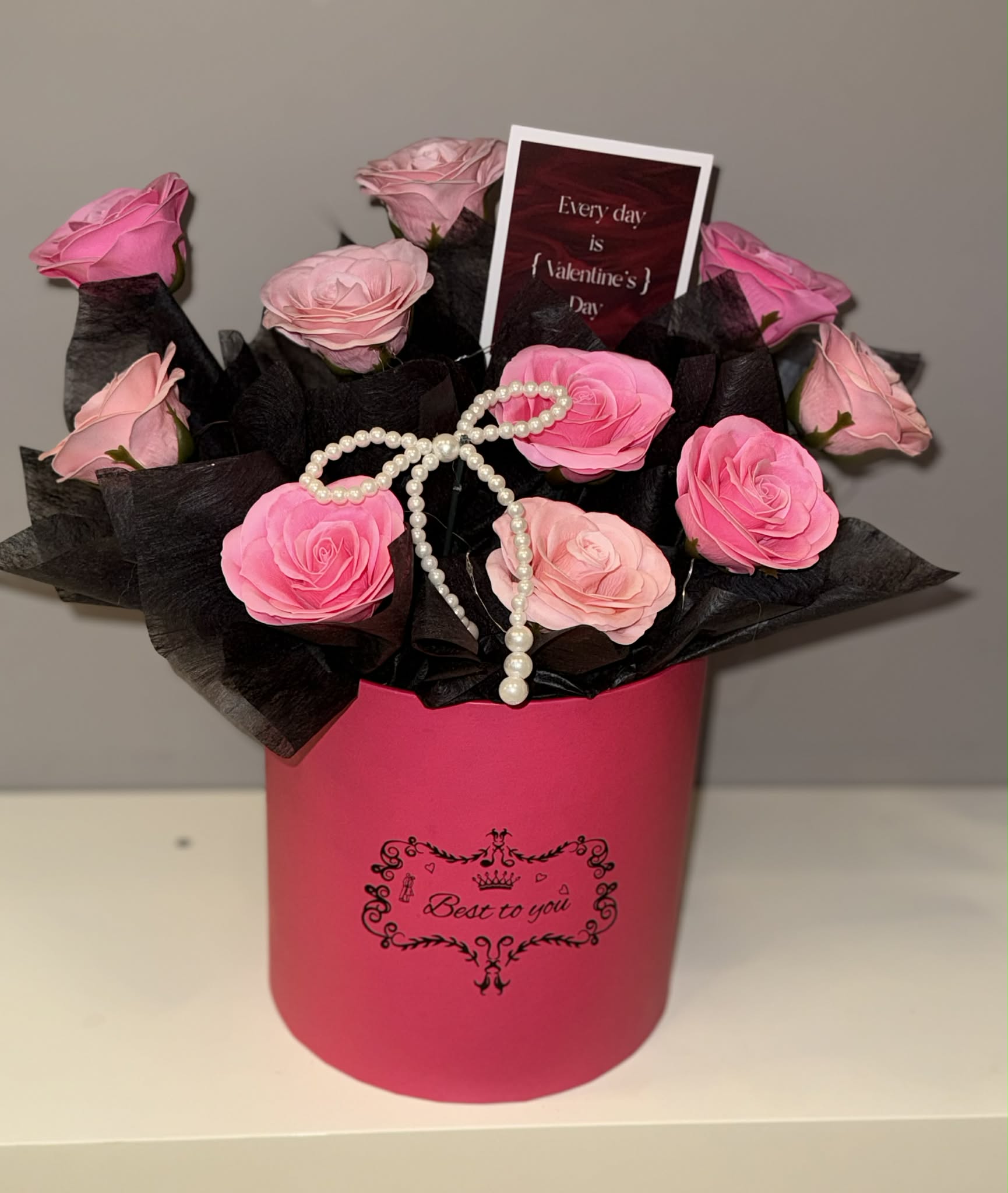 Premium flower box. Flower bag and greeting card.