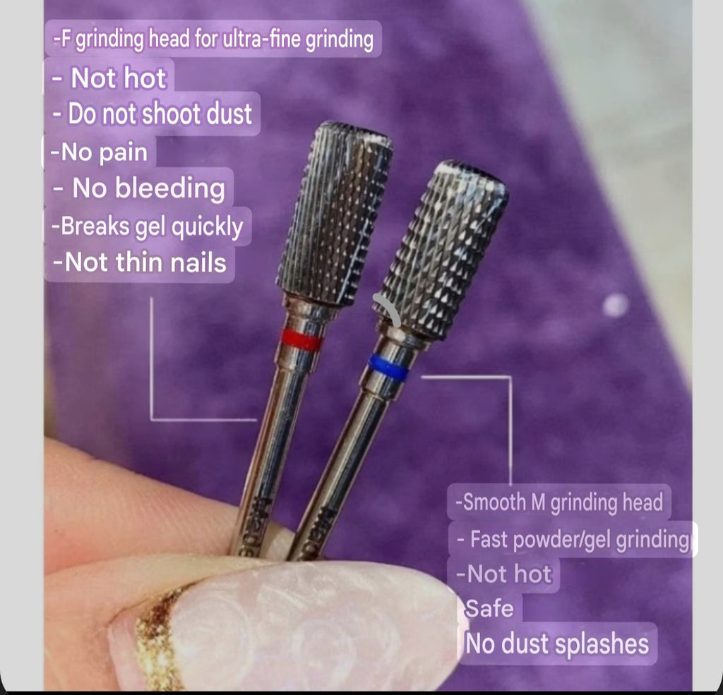 Fine, super smooth American standard grinding head breaks down gel and powder, does not shoot dust, does not heat the nail