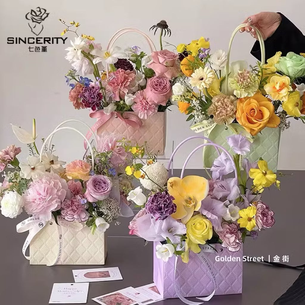 Flower arrangement in the shape of a handbag with Canarium pattern, rectangular bag shape with handle