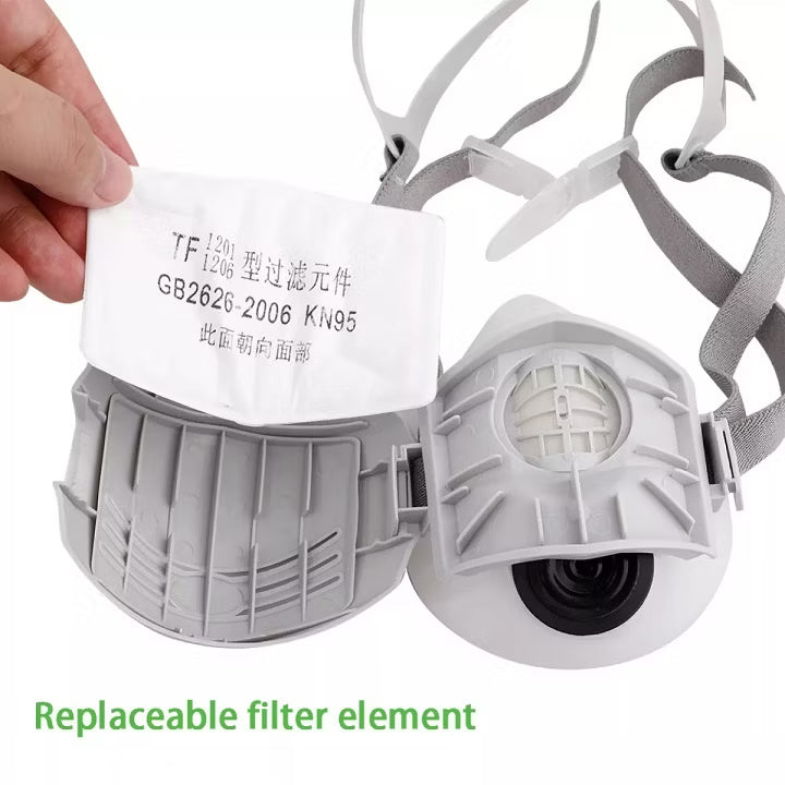 Compact protective gas mask for chemical spraying and handling.