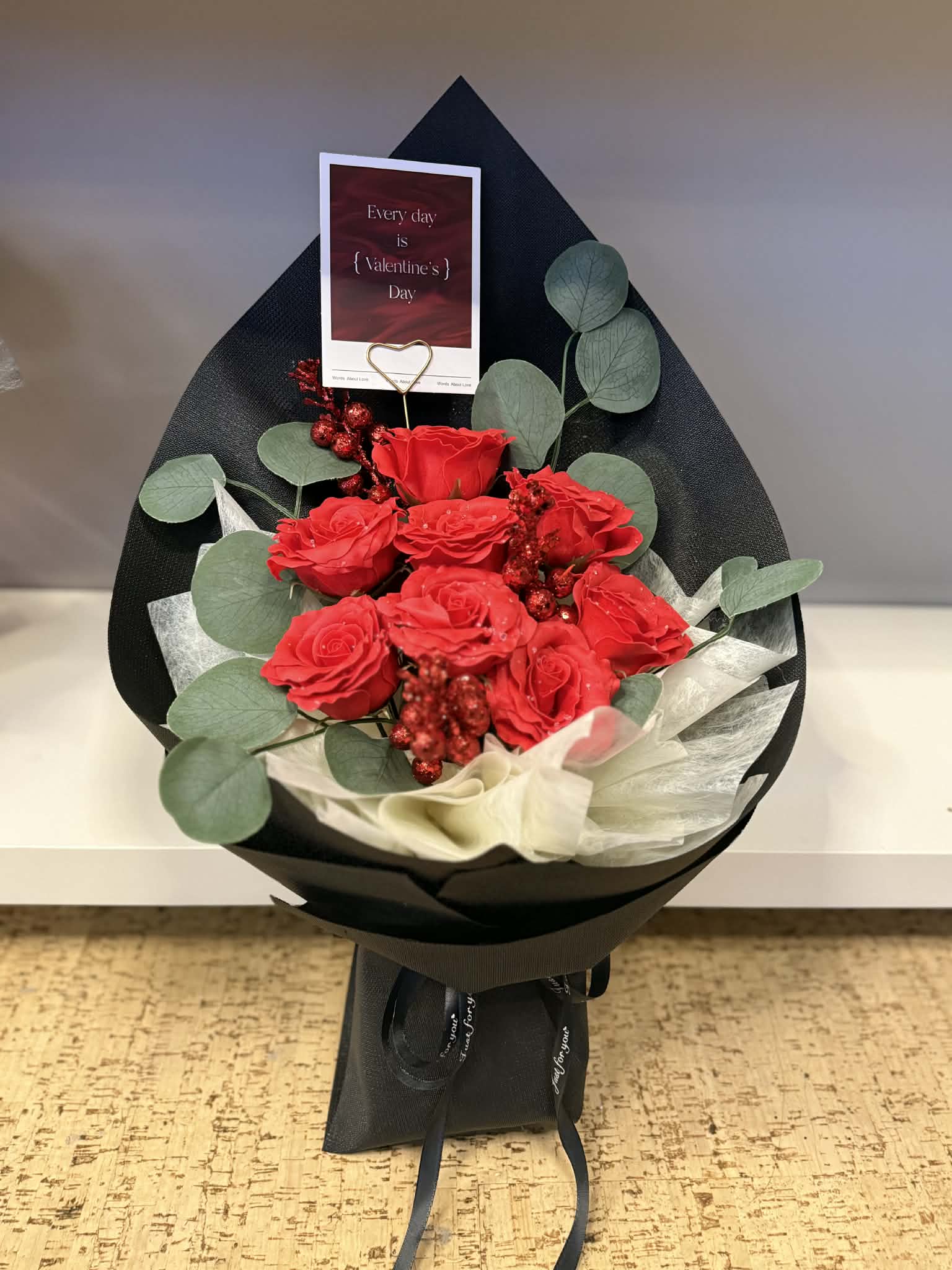 Artificial flower bouquet and flower bag. Greeting card.