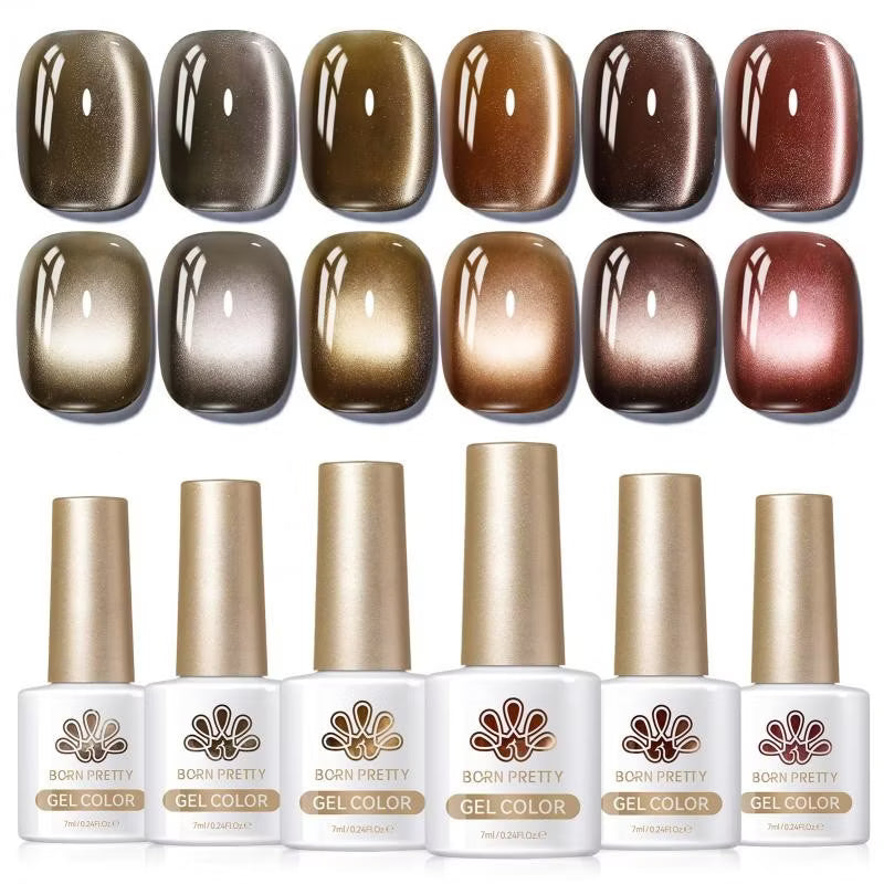 BORN PRETTY 6 Pcs Cat Eye Magnetic Gel Nail Polish Set Coffee Brown